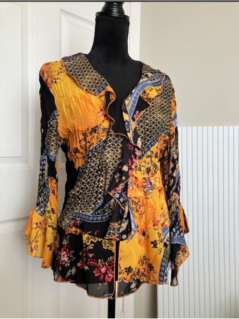 Boho Ruffle V-Neck Patchwork Blouse - Yellow & Black